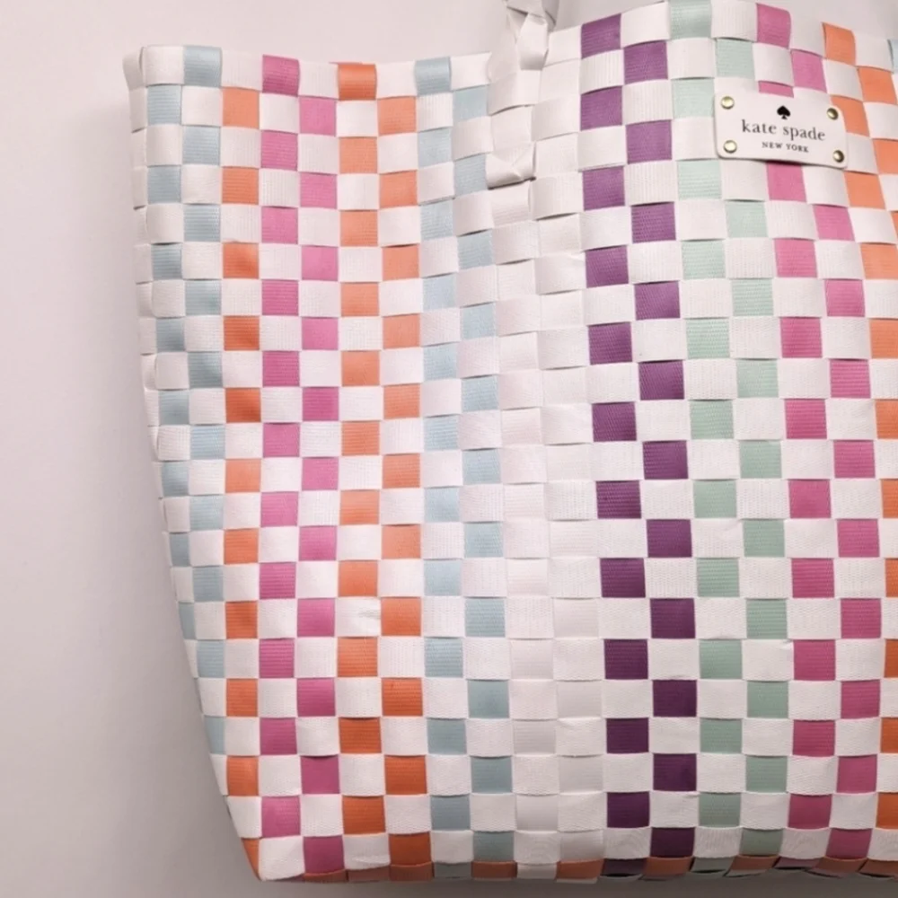 Kate Spade Multicolor Woven Tote Checkerboard Pastel Brights Striped Beach Bag L